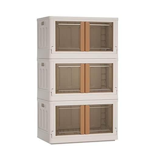 HAIXIN Plastic Storage Bins with Clear Door & Lid, 100Qt Large Capacity Folding Storage Bins for Craft and Home Storage, Stackable Storage Box with Wheels, Dorm Room Essentials (3 Pack)