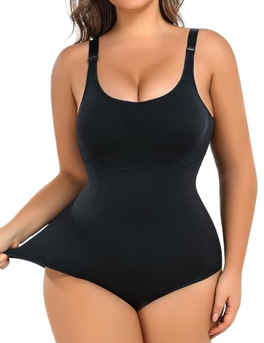 Plus Size Bodysuit Tummy Control Sleeveless Tank Top Built in Bust Support Black Shapewear for Curvy Women