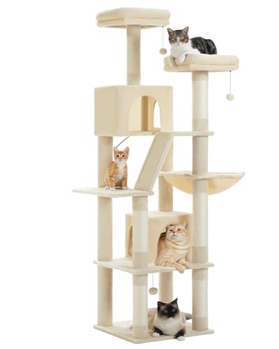 PEQULTI 71'' Cat Tree for Indoor Cats with Big Hammock, Tall Cat Tower for Large Cats with 2 Cat Condo, 2 Soft Top Perch, Scratching Posts and Pad, Beige