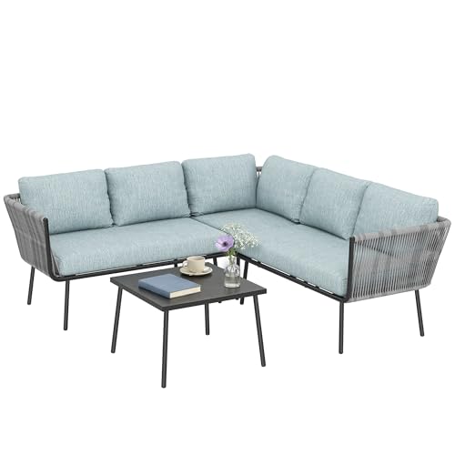 Outsunny Conjunto de Muebles de Ratán 4 Piezas con Marco de Aluminio Set de Muebles de Jardín 2 Sofá de 2 Plazas Sofá de Esquina Mesa de Centro con 6 Cojines Acolchados para Exterior Patio Azul Claro