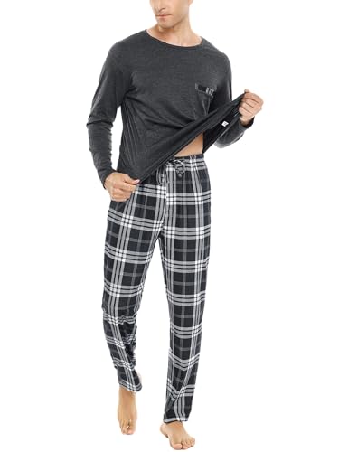 Sykooria Men's Pajamas Set Long Sleeve Cotton Plaid Loungewear Cozy Striped Sleepwear with Pockets 2 Piece Comfy Pjs Set3