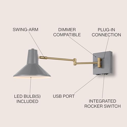 Image of JONATHAN Y 16 inch Grey /Brass Gold 1-Light Modern Swing Arm Sconce with USB Port, Plug-in Midcentury LED Bedside Lamp with White Iron Shade for Bedroom Living Room (JYL1302C)