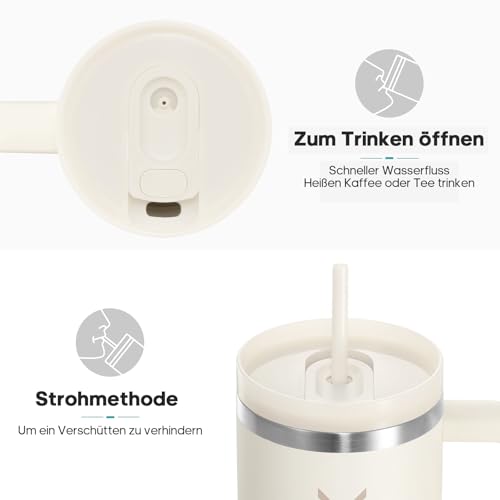 Image of Drinking Bottle with Straw, 1.2 L Thermal Mug with Handle, Leak-Proof