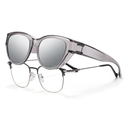 HAOLOTA Polarized Fit Over Sunglasses for Women UV Protection Trendy Small Wrap Around Overglasses for Driving A07 Clear Grey/Silver S Size