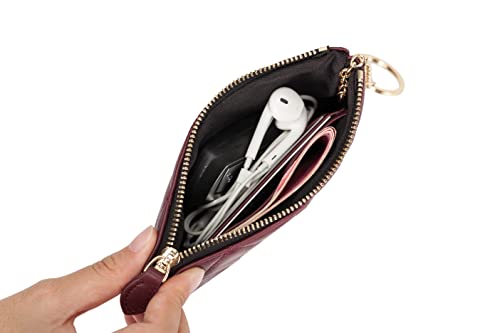 Image of DORIS&JACKY Soft Lambskin Leather Coin Purse Small Quilted RFID Blocking Top Zipper Wallet With Key Chain