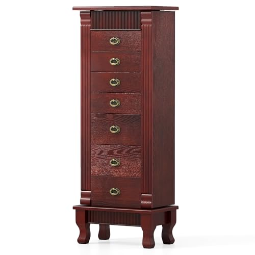 COSTWAY Standing Jewelry Armoire, Wooden Jewelry Storage Chest with 7 Drawers, 2 Side Doors, 12 Necklace Hooks, Flip-up Mirror & Top Divided Jewelry Cabinet for Women Girls, Dark Walnut