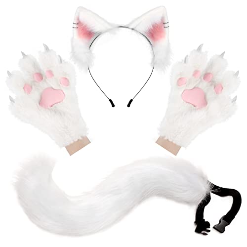 HAOAN Ensemble oreilles et gants avec clip queue de loup et renard pour femme, blanc (white02), Medium