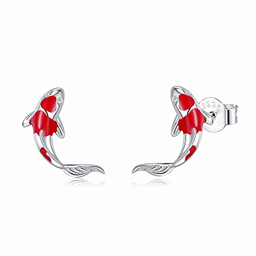 Rofeego S925 Sterling Silver Koi Fish Stud Earrings,hypoallergenic Red Carp Jewelry Gifts ﻿