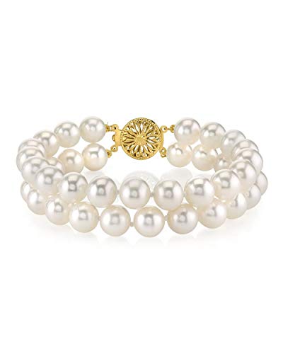 The Pearl Source 14K Gold 7-8mm AAAA Quality Round White Double Freshwater Cultured Pearl Bracelet for Women