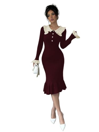 Sweater Dresses for Women 2025 Elegant Colorblock Ruffle Hem Hem