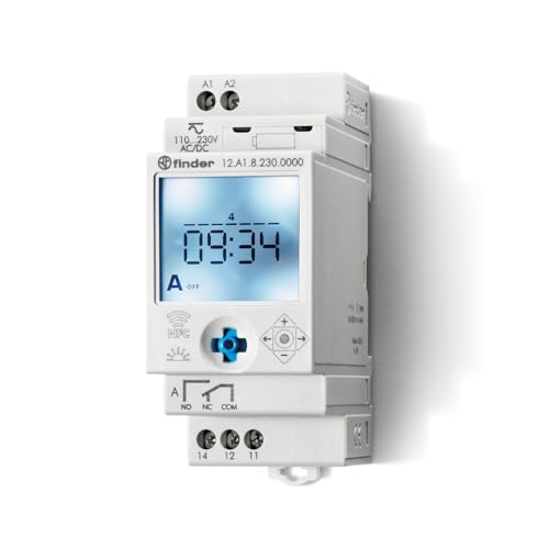 Finder Interruttore orario/astronomico settimanale NFC Tipo 12.A1 con 1 contatto in scambio 16 A e interruttore ON/OFF, funzione impulso. Due modalità di programmazione