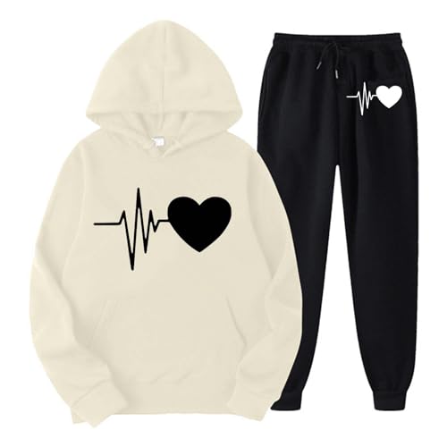 2024 Set 2 Pezzi Donna Casual Felpa con Cappuccio e Pantaloni Autunno Sportivo Jogging Tuta Giacca Manica Lunga Slim Fit Confortevole Set Heart Printing Tuta Donna Completo Marca (A5-Beige, XXXL)