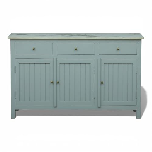 Image of Solid Wood Madrid Sideboard Cabinet with Sintered Stone Top for Living Room, Premium Acrylic Silver Grey Finish, 130x40x80 cm