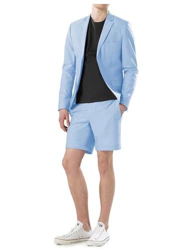 Kromoc Men's 2-Piece Linen Suit Notch Lapel One Button Jacket Short Pants Business Party Casual