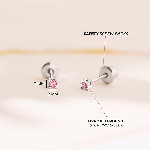 925 Sterling Silver Cubic Zirconia Stud 2mm Baby Earrings with Safety Screw Backs For Toddlers - Safe & Classic Baby Earrings Gift - Safe for Sensitive Pierced Ears4