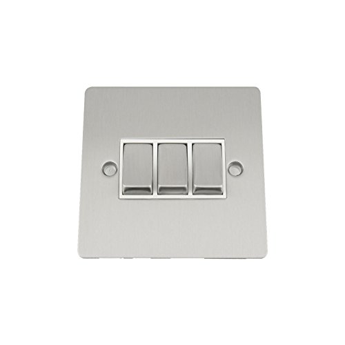 Light Switch 3 Gang - Satin Matt Chrome Flat - White - Metal Rocker - 10 Amp Triple Switch 2 Way