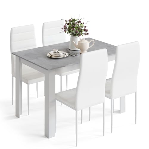 Mondeer Esstisch mit 4 Stühlen Set, Essgruppe mit Hochlehner Kunstleder Stuhl für Küche Esszimmer Wohnzimmer, W120 x D80 x H75 cm, Weiß und Grau