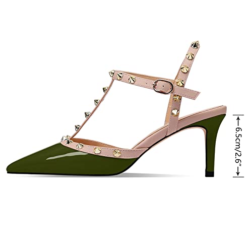 Image of XINIUNIU Studded Heels for Women Kitten Heels with Studs Stiletto Sandals with Rivet Ankle Strap Patent Leather Pointy Toe 2.5 Inch Party Daily Wear Evening Sandals