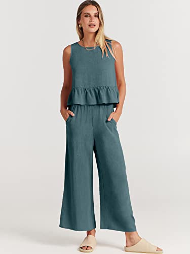 Prinbara Women's Summer 2 Piece Outfits Sleeveless Ruffle Tank Crop Top and Wide Leg Lounge Sets with Pockets 8PA17-hulv-XL