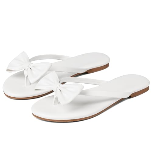 Phefarer Women's Bow Knot Flip Flops White Size 7.5