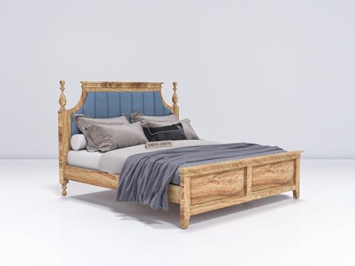 Image of Craft Solid Sheesham Wood Low Height King Size Bed Without Storage | Wooden Double Bed | Low Floor /Lying /Rise /Level /Profile Cot with Blue Upholstered Cushioned Headboard, Teak Finish-B24