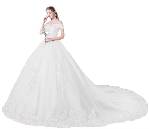 Off Shoulder Quinceanera Dresses with Train Lace Applique Ball Gown Sweet Party Prom Dress