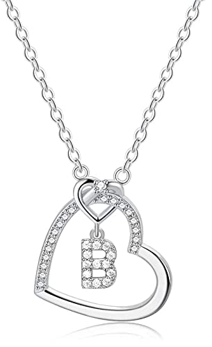 LIHELEI Damen Halskette Herz Buchstabe 925 Silber Kette Damen Personalisiere Kette Geburtstags und Weihnachten Geschenk Für Frauen Mädchen Mama Freundin - B