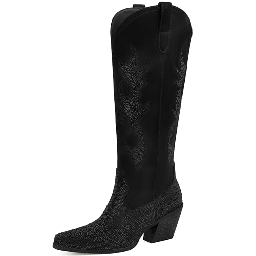 Women's Rhinestone Cowboy Boots Mid Calf Cowgirl Boots Pointed Toe Chunky Heel Sparkly Western Boot with Pull On Tabs2