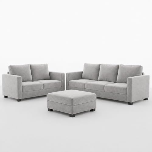 Image of FURNY Haster 3 Seater + 2 Seater Fabric Sofa Set with 1 Ottoman (Light Grey) with Velvet Finish | Durable Comfort | Ideal for Living Room