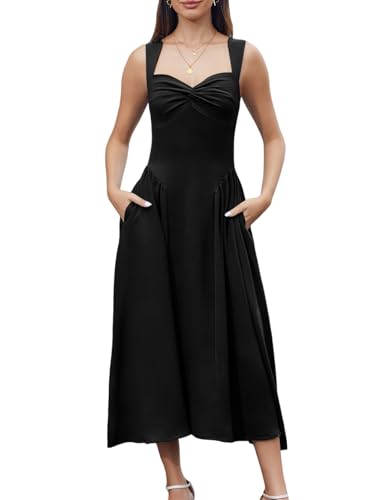Image of Women's Wedding Guest Dress Corset Sleeveless Semi Formal Bridesmaid Flowy Midi Dresses with Pockets