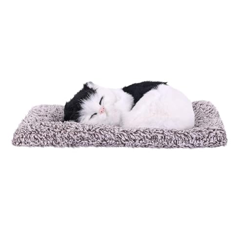 Image of Sleeping Cat Plush Toy with Press Simulation Sound, Sleeping Cat Stuffed Animal Fur Soft Toys with Sound for Kids Car Dashboard Cat & Office Desk (White& Black)