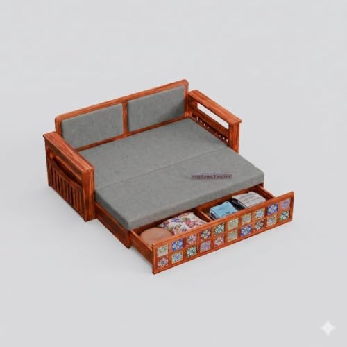 Image of MetalTree Wooden Sofa Cum Bed for Living Room | Convertible Sofa Bed with Storage | 3 Seater Foldable Sleeper Sofa | Solid Wood Pull Out Sofa Bed with Mattress for Home & Guest Room (Honey, Mary)