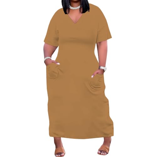 Image of SUZONANA Women Casual T-Shirt Dress V Neck Short Sleeve Solid Color Oversize Dress with Front Two Pockets