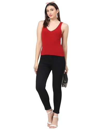 Image of Kalt Women Knitted, Ribbed Cotton Fitted Sleeveless V-Neck Cami Tank Top for Women Stylish