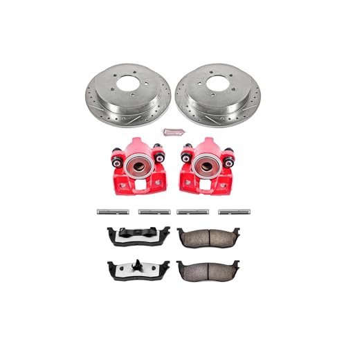 Image of PowerStop Rear Brake & Caliper Kit for Ford Expedition 1997-00 |F-150 1999-00 |Lincoln Navigator 1998-00 - Drilled & Slotted Disc Rotors + Z36 Brake Pads + Red-Powder Coated Calipers, KC1872-36