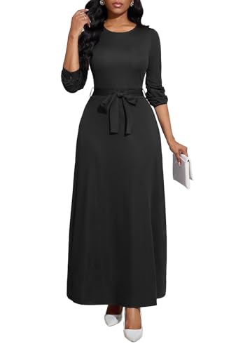 Image of BubFee Long Dress for Women Casual Long Sleeve Dresses Maxi Dress Empire Waist Loose with Belt