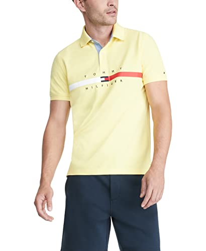 Image of Tommy Hilfiger Men's Short Sleeve Cotton Pique Flag Graphic Polo Shirt in Custom Fit