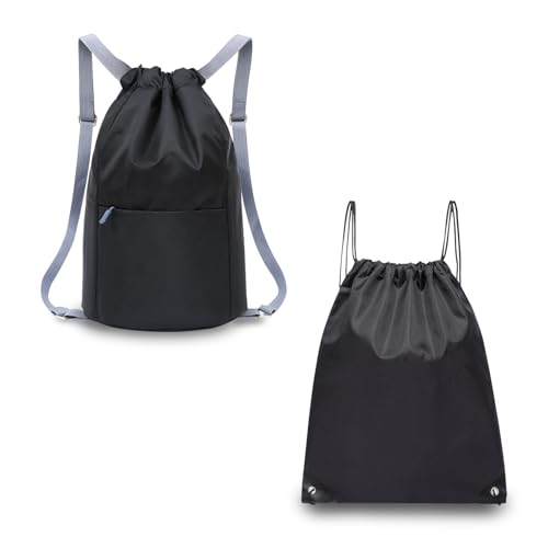 FuninCrea 2 PCS Drawstring Backpack, Waterproof Drawstring Bags Gym Bag for Women Men, Draw String Back Bag Adjustable Strap (Black)