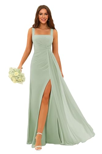 Stylefun Square Neck Bridesmaid Dresses Long with Slit Pleated A Line Chiffon Formal Evening Dress CYM184