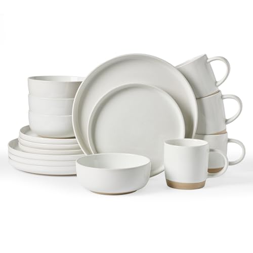 Image of Famiware Milkyway Stoneware Dinnerware Sets with Mugs, Service for 4 (16pcs), Plates and Bowls Sets, Scratch Resistant, Microwave and Dishwasher Safe Dishes Set, White