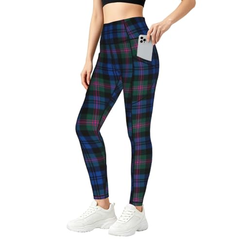 Legging de sport imprimé tartan écossais pour femme avec poches de rangement