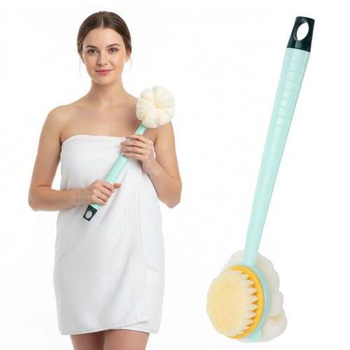 Image of MAYCREATE Long Handle Back Scrub Brush Double-Sided Bathing Tool for Shower | Double-Sided Exfoliation, Easy Reach for Back Care, Bath Puff Texture, Helps Remove Dead Skin During Shower Use