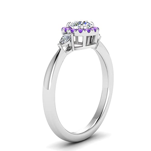 Image of Sterling Silver Sapphire & CZ Diamond Halo Engagement Ring with Pear Accent, Round Shape, Wedding & Everyday Jewelry for Women, US Sizes 4-12