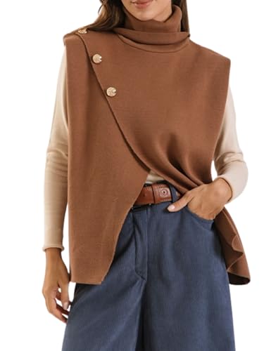 Hooever Women Turtle Neck Sleeveless Split Wrap Sweater Vest Kint Loose Pullover Tops with Metal Buttons