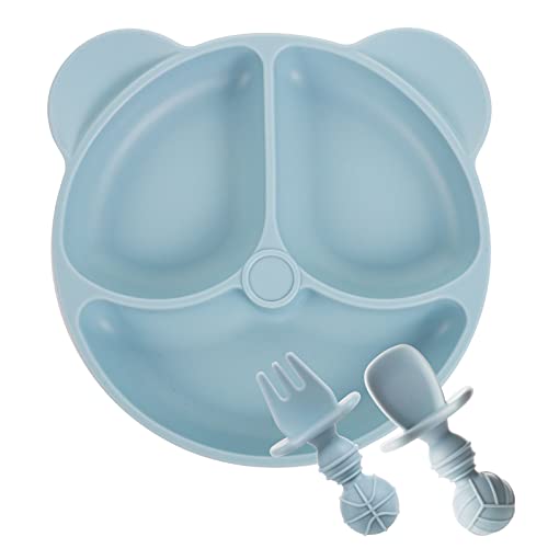 Lanjue Baby Suction Plate, Silicone Toddler Plates Baby Weaning Plate Divided Dishes with Spoon Fork for Self Feeding Training, Dishwasher & Microwave Safe (Blue)
