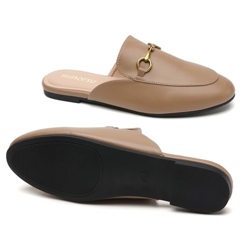 Image of Minorsu Buckle Mules for Women Flats Loafers Shoes for Work Office Business | Slip on,Round Toe,Backless,Slides, Casual