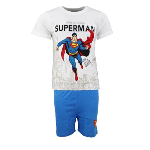 E plus M Superman Kinder Pyjama Kurzarm – Comics Schlafanzug 2-teilig mit Shorts – Gr. 98–128 – Weiß mit Blau oder Rot – 100 % Baumwolle...