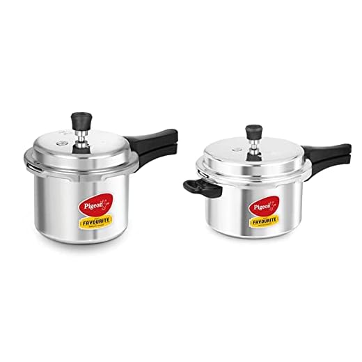 Pigeon by Stovekraft Favourite Outer Lid Non Induction Aluminium Pressure Cooker, 3 Litres, Silver + Favourite Al Outer Aluminium Pressure Cooker, 5 Litres (Silver, Non Induction)