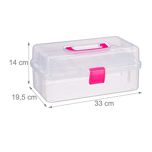 Relaxdays Transparente Plastikbox, 9 Fächer, Werkzeugbox, Nähkästchen, Werkzeugkoffer, Werkzeug, HBT 14x33x19 cm, pink