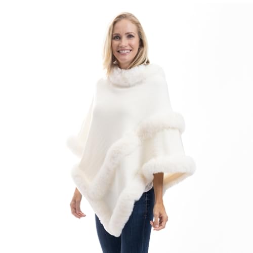Luxurious Faux Fur Trim Cozy Knit Poncho, One Size